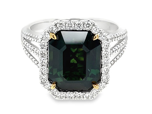 GREEN SAPPHIRE & DIAMOND HALO TRIPLE SHANK RING
