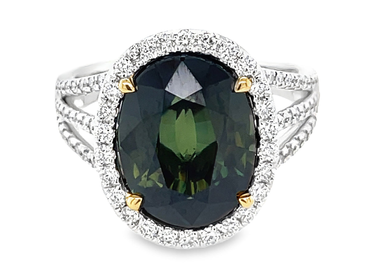 GREEN SAPPHIRE OVAL & DIAMOND HALO 3 SHANK RING