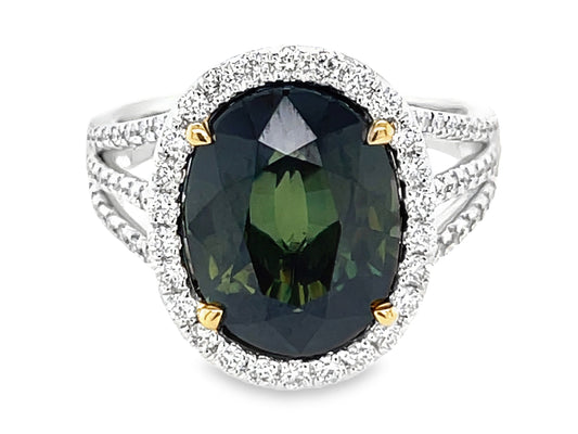 GREEN SAPPHIRE OVAL & DIAMOND HALO 3 SHANK RING