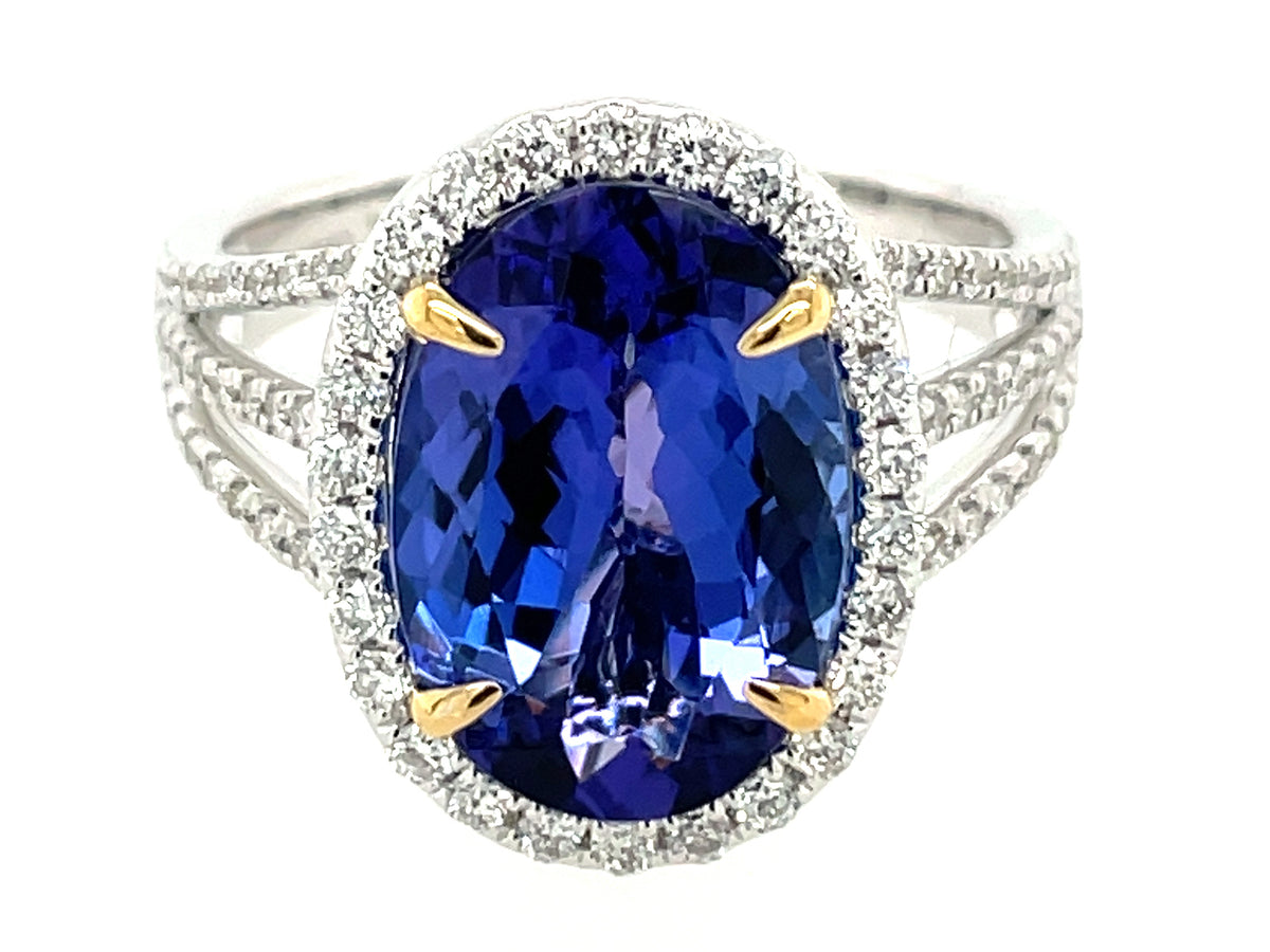 TANZANITE OVAL & DIAMOND HALO 3 SHANK RING