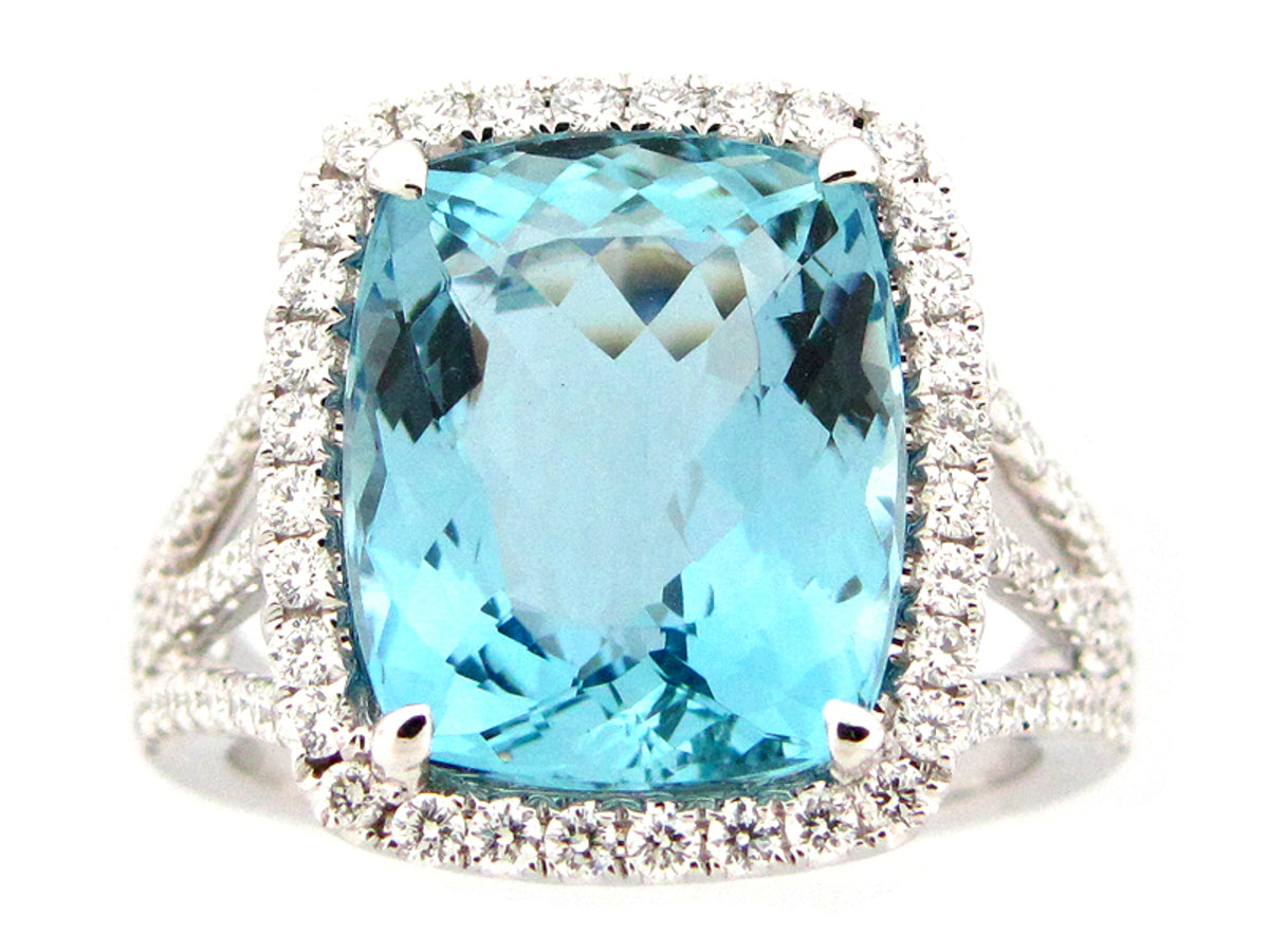 AQUAMARINE & DIAMOND RING, 18KW (H)