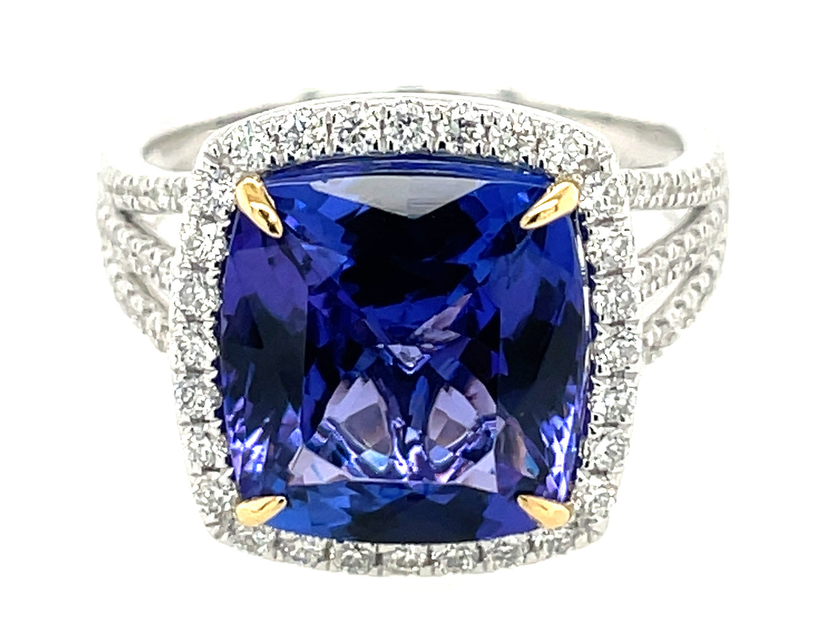 TANZANITE CUSHION & DIAMOND HALO 3 SHANK RING