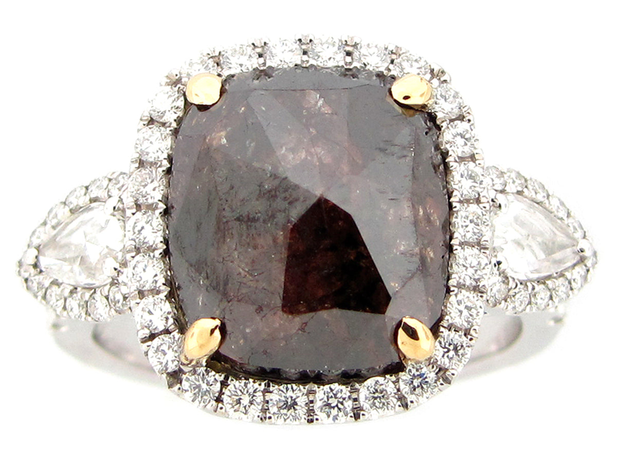 ROSE ROUGH CUT BROWN & WHITE DIAMOND RING, 18KW (N)