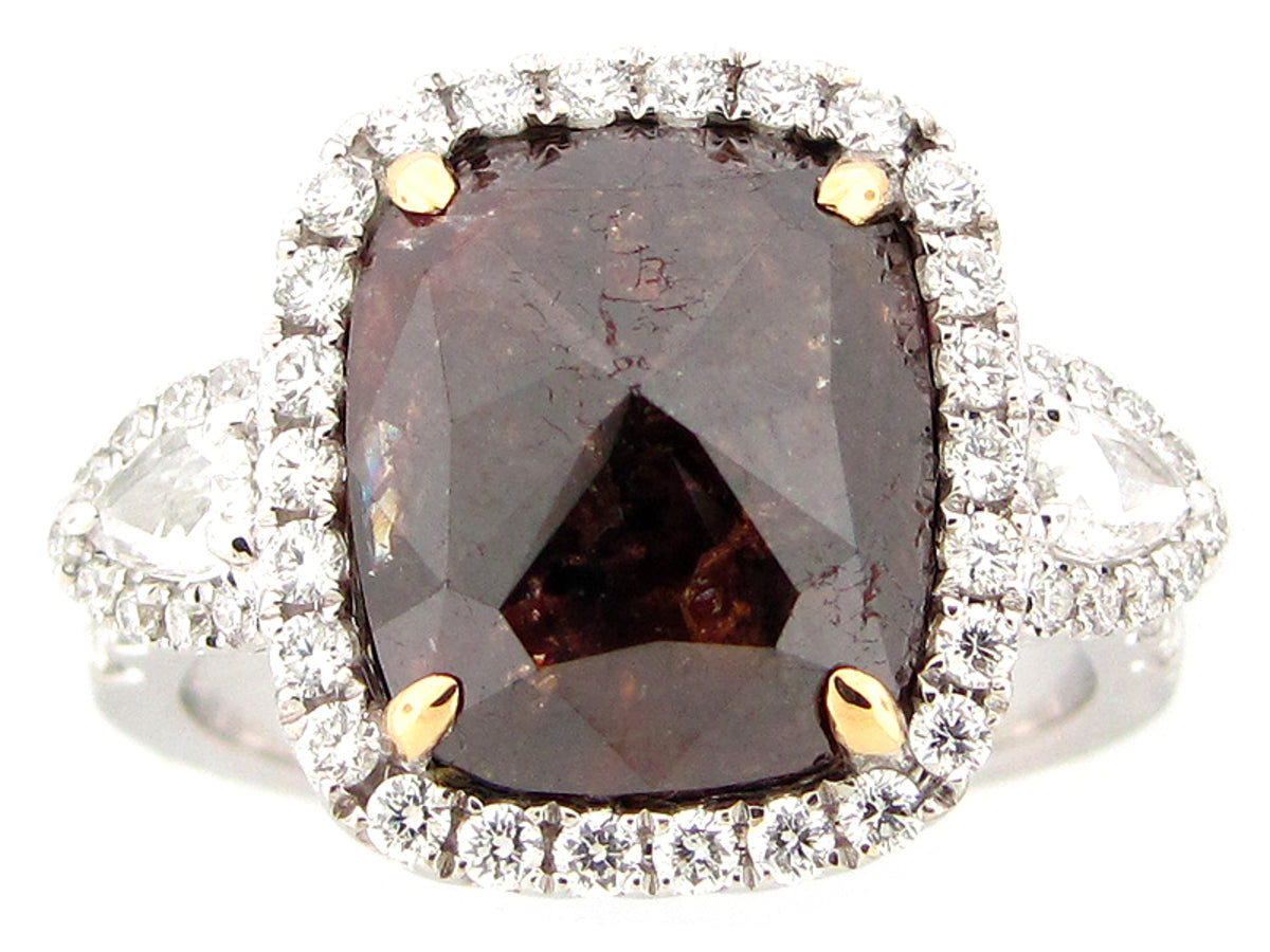 ROSE ROUGH CUT BROWN & WHITE DIAMOND RING, 18KW (N)