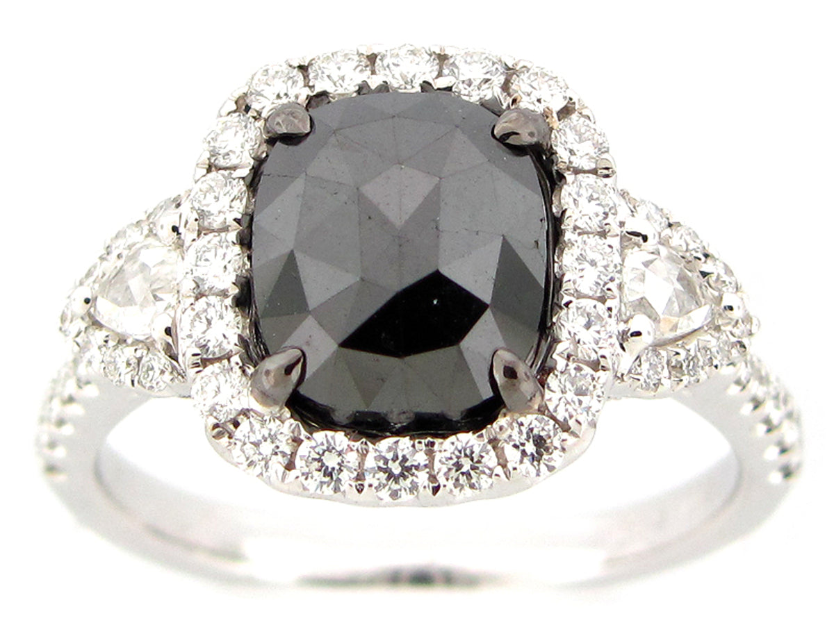 ROSE ROUGH CUT BLACK & WHITE DIAMOND RING, 18KW (R)