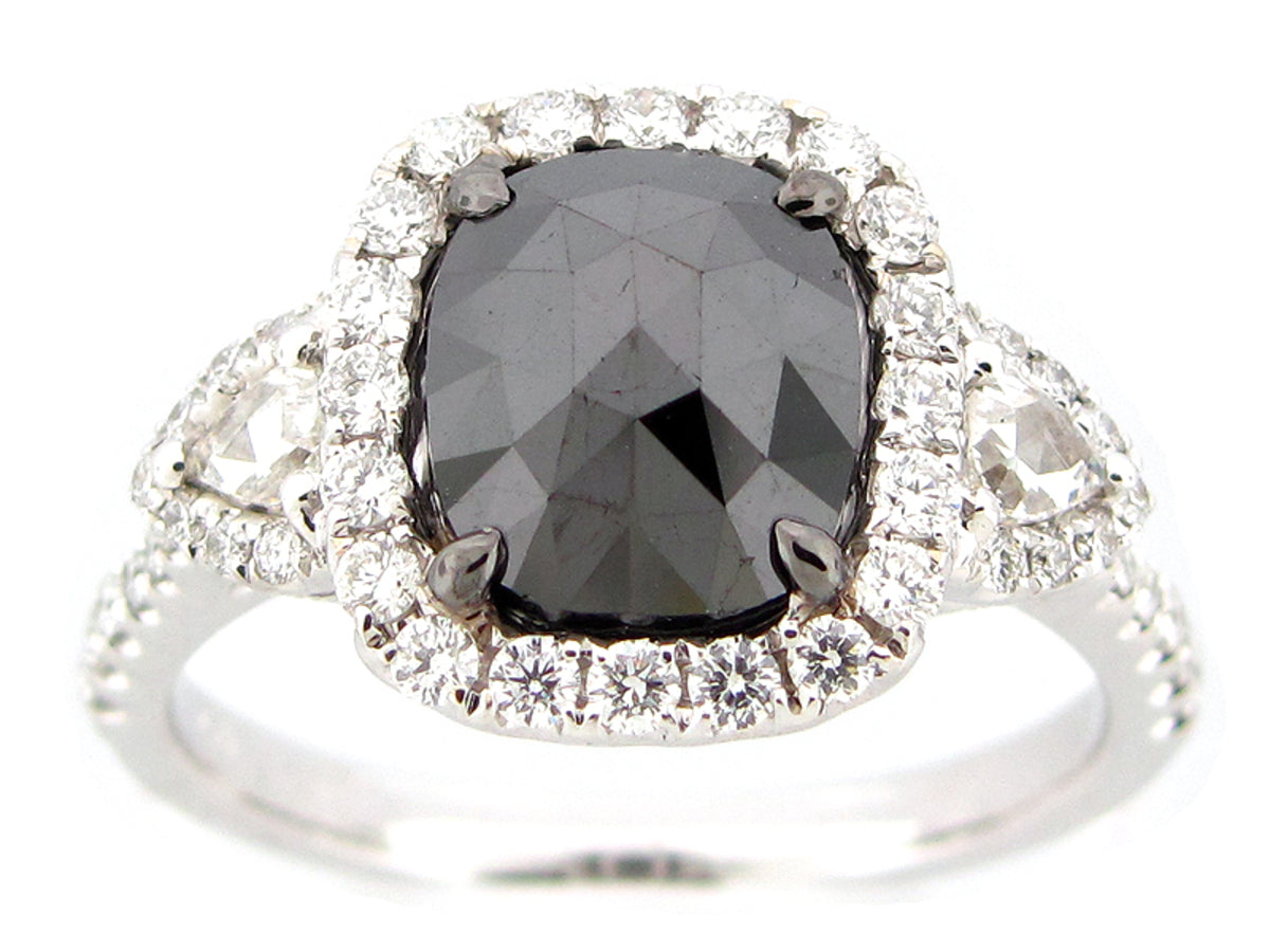 ROSE CUT BLACK & WHITE DIAMOND RING, 18KW (N)