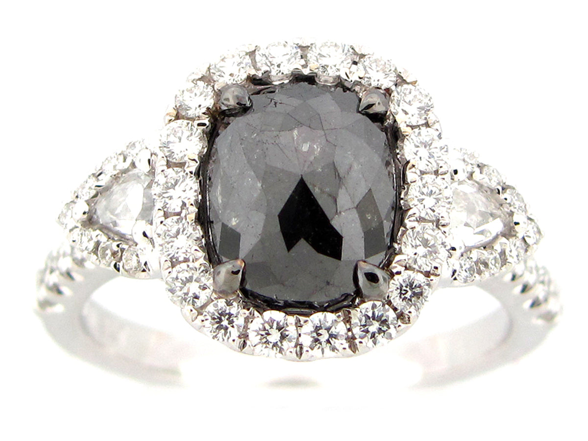 ROSE CUT BLACK & WHITE DIAMOND RING, 18KW (N)