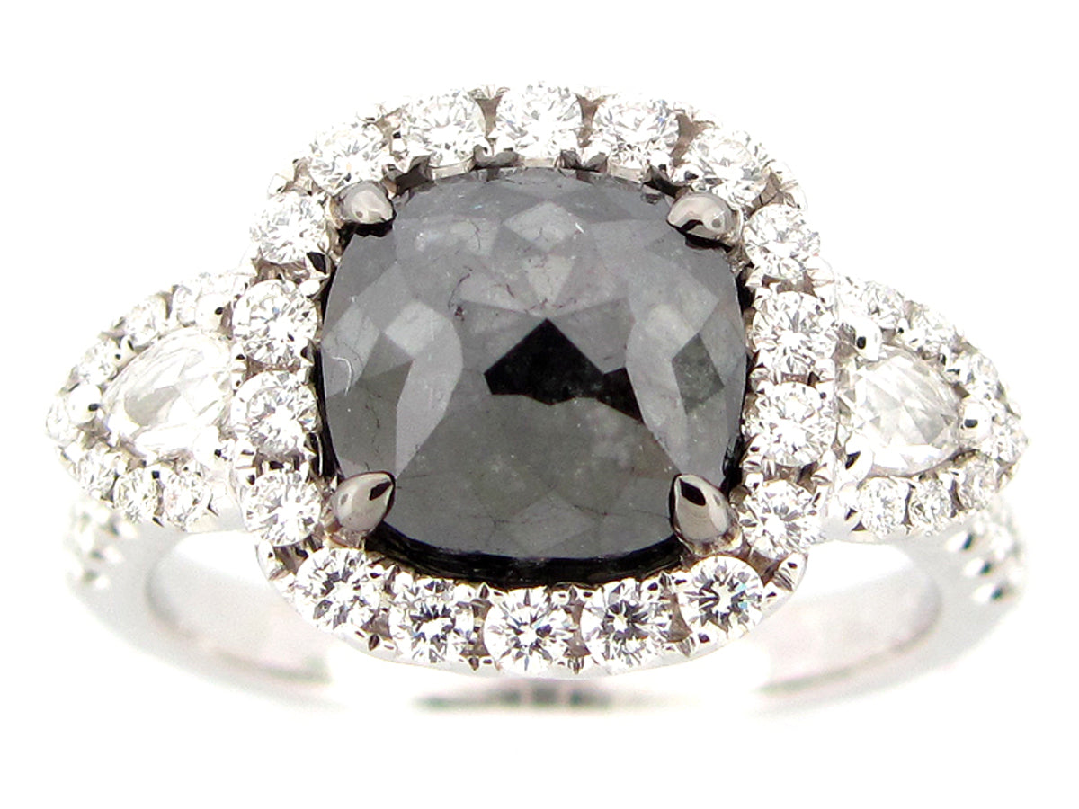 ROSE CUT BLACK & WHITE DIAMOND RING, 18KW (N)