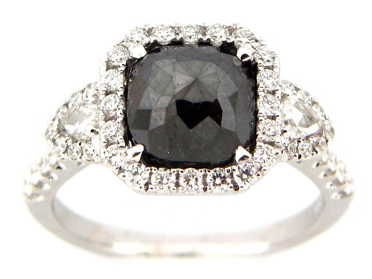 ROSE CUT BLACK & WHITE DIAMOND RING, 18KW (R/H)
