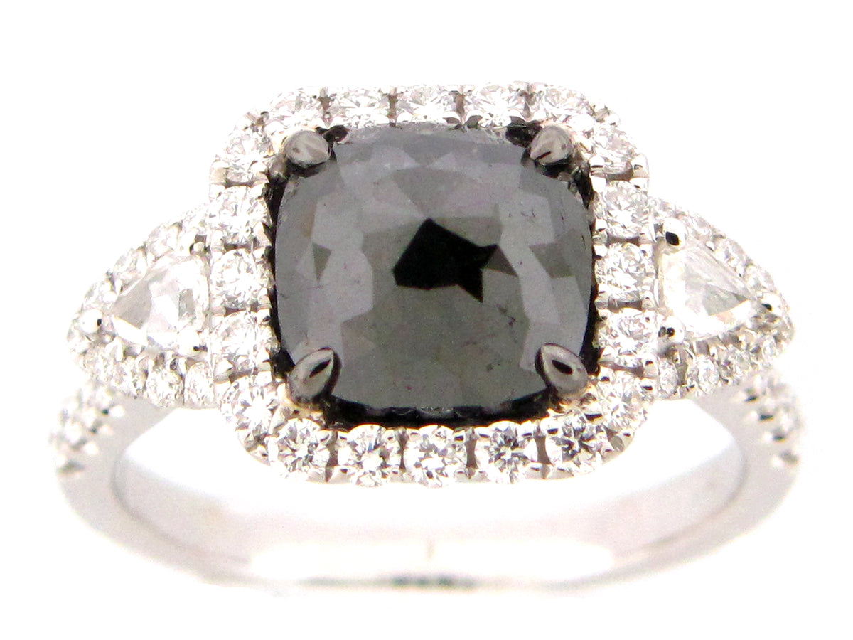 ROSE CUT BLACK & WHITE DIAMOND RING, 18KW (R)