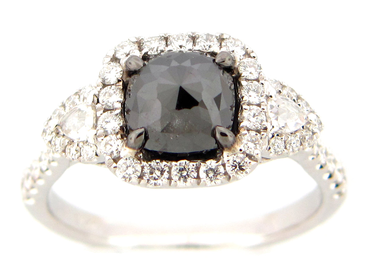 ROSE CUT BLACK & WHITE DIAMOND RING, 18KW (R)