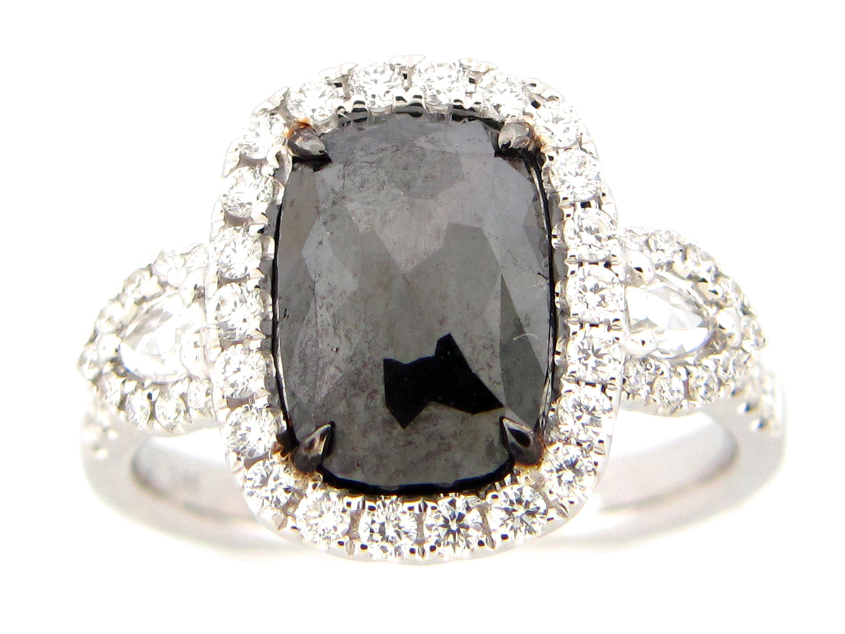 ROSE CUT BLACK & WHITE DIAMOND RING, 18KW (R)