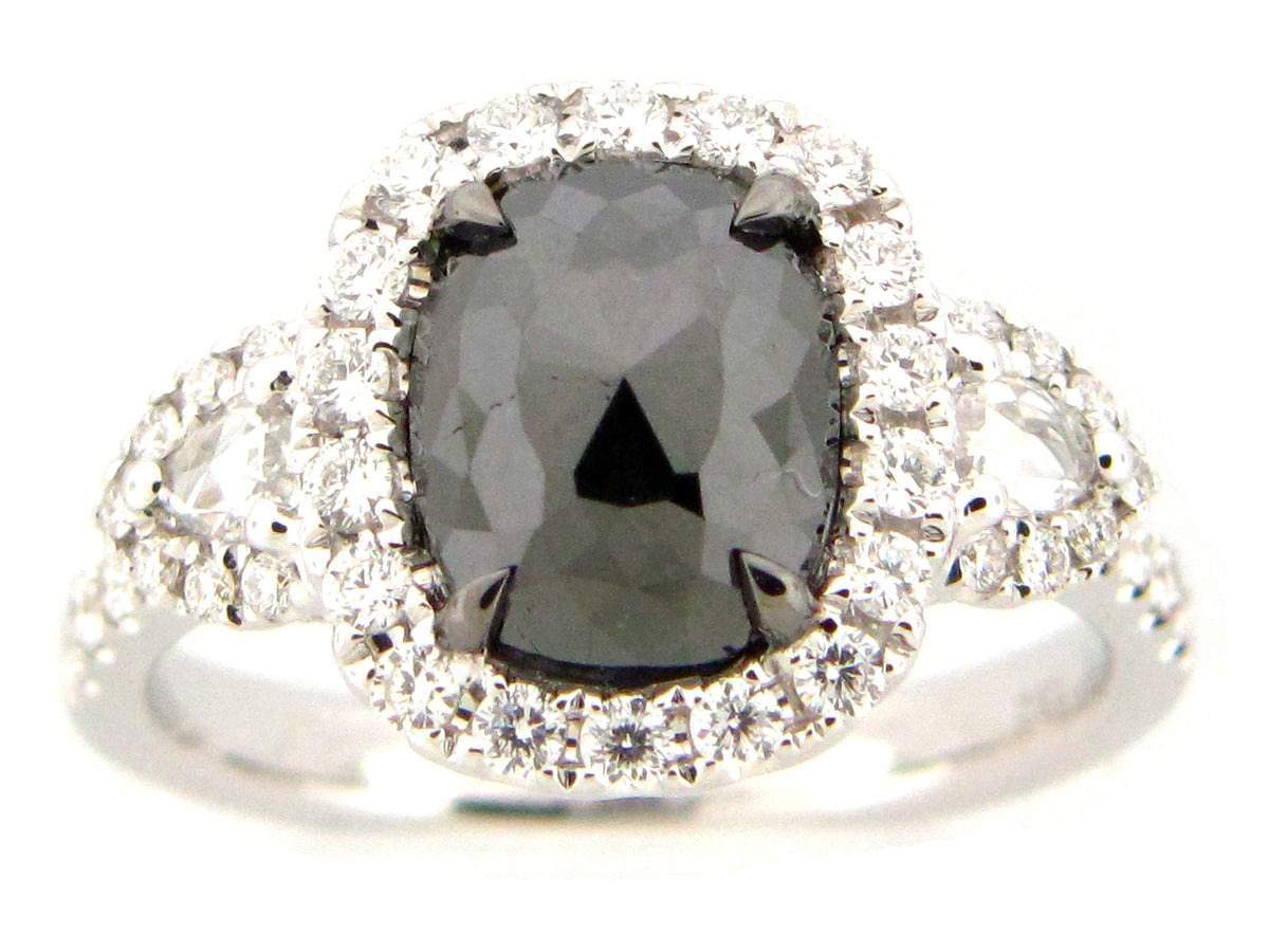 ROSE CUT BLACK & WHITE DIAMOND RING, 18KW (R)