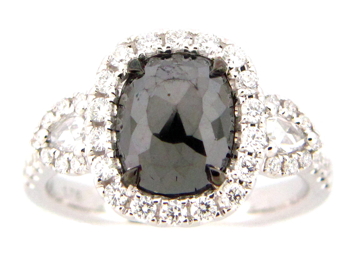 ROSE CUT BLACK  & WHITE DIAMOND RING, 18KW (R)