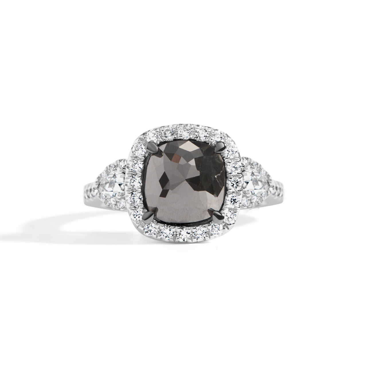 Rose Cut Black & White Diamond 3 Stone Ring