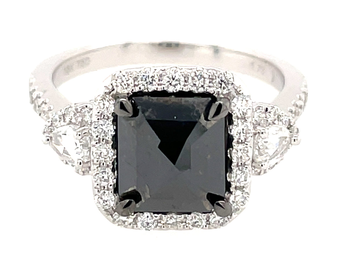 ROSE CUT BLACK & WHITE DIAMOND RING, 18KW (R)