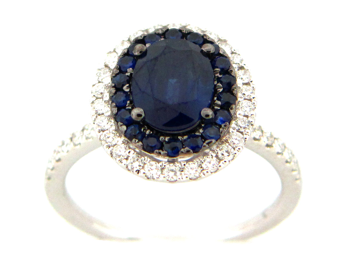 SAPPHIRE & DIAMOND HALO RING, 18KW (H)