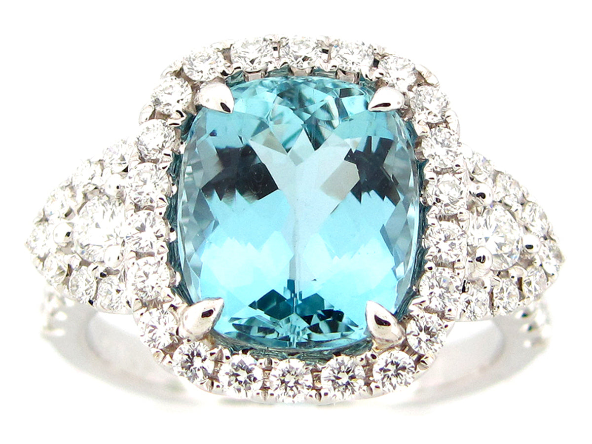 AQUAMARINE & DIAMOND RING, 18KW (H)