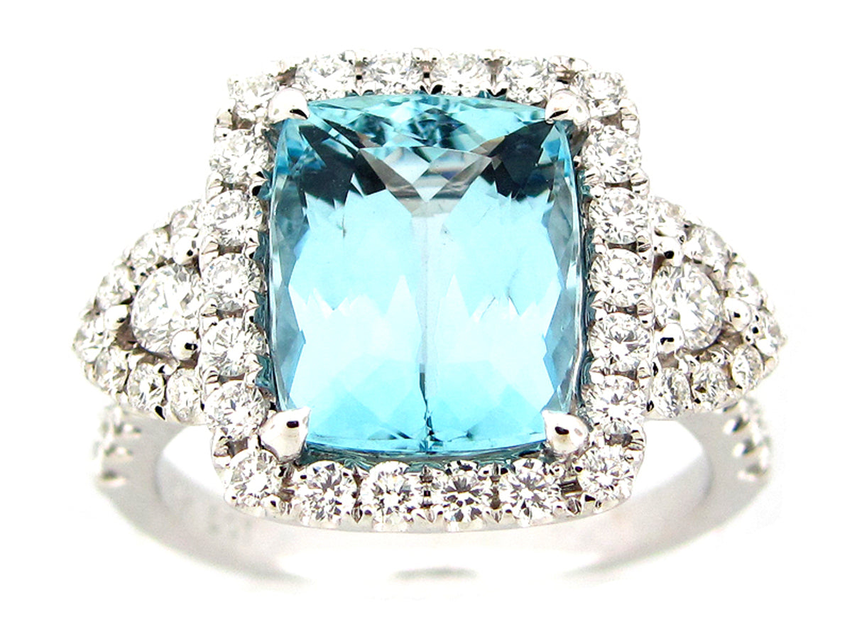 AQUAMARINE & DIAMOND RING, 18KW (H)