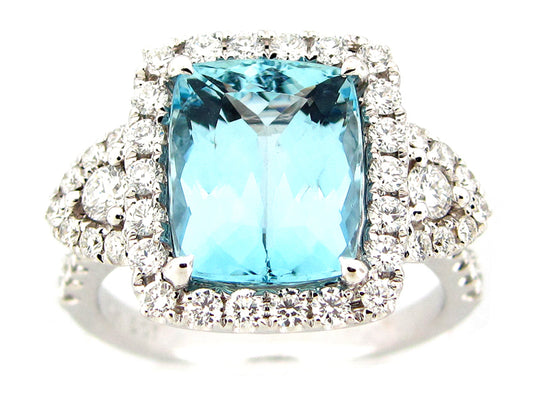 AQUAMARINE & DIAMOND RING, 18KW (H)