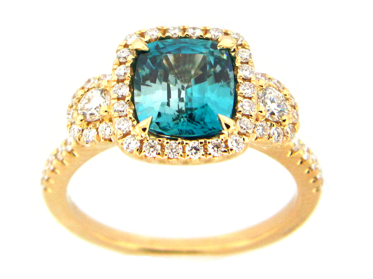 BLUE ZIRCON & DIAMOND RING, 18KY (H)