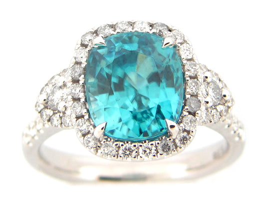 BLUE ZIRCON & DIAMOND RING, 18KW (H)