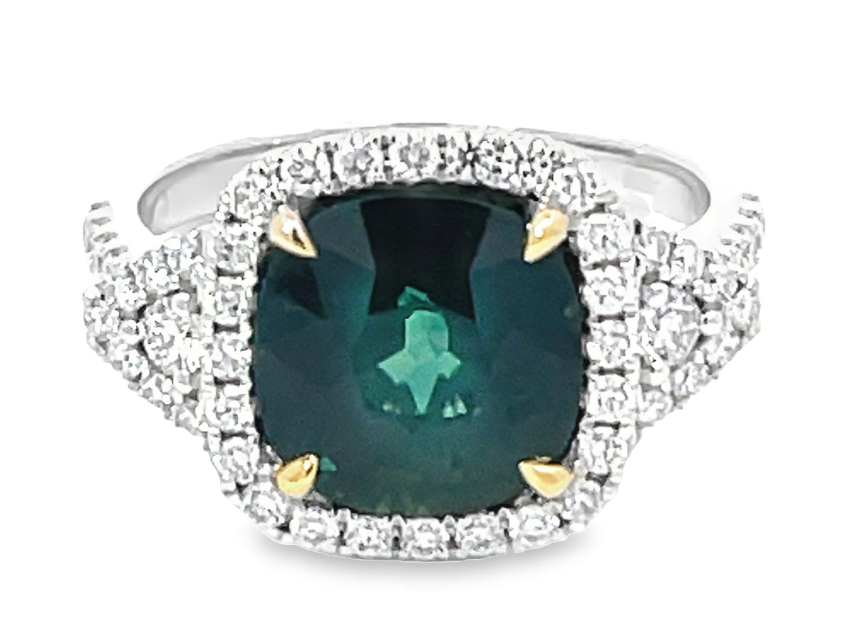 NATURAL NO HEAT CUSHION GREEN SAPPHIRE & DIAMOND RING, GIT CERT# G2309250120001