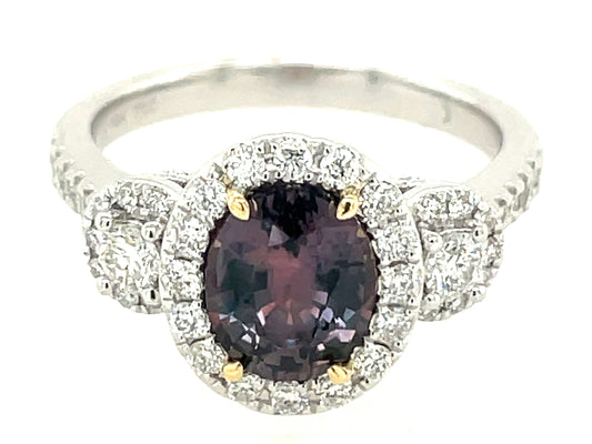 NATURAL NO HEAT OVAL COLOR CHANGE SAPPHIRE & DIAMOND HALO 3 STONE RING, CERT#R202248147