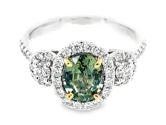 NATURAL NO HEAT OVAL GREEN SAPPHIRE & DIAMOND HALO 3 STONE RING
