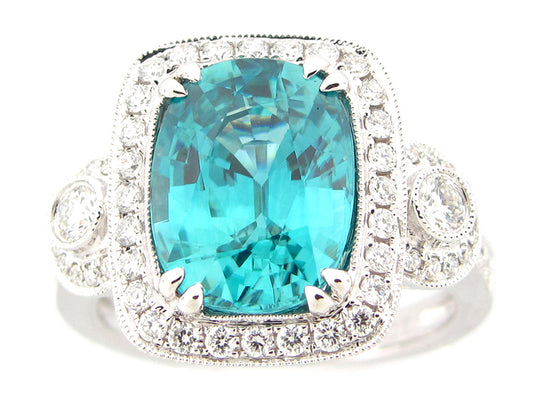 BLUE ZIRCON & DIAMOND RING, 18KW (H)