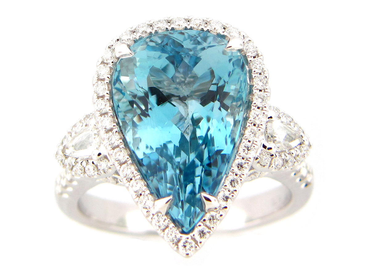 AQUAMARINE & DIAMOND 3 STONE HALO RING, 18KW (H)