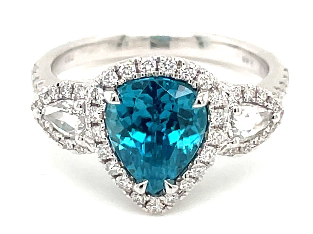 BLUE ZIRCON PEAR & DIAMOND RING