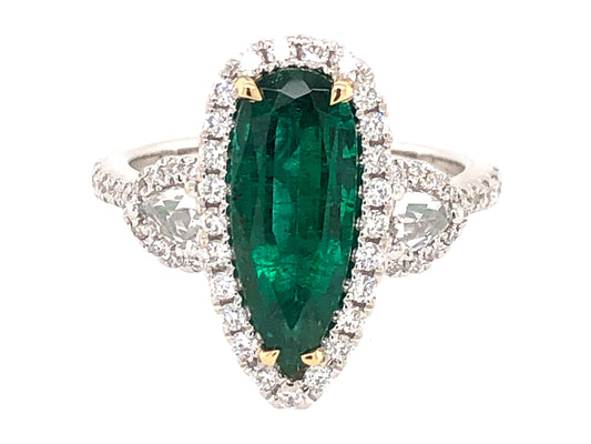 EMERALD PEAR & DIAMOND RING, 18KWY (O)