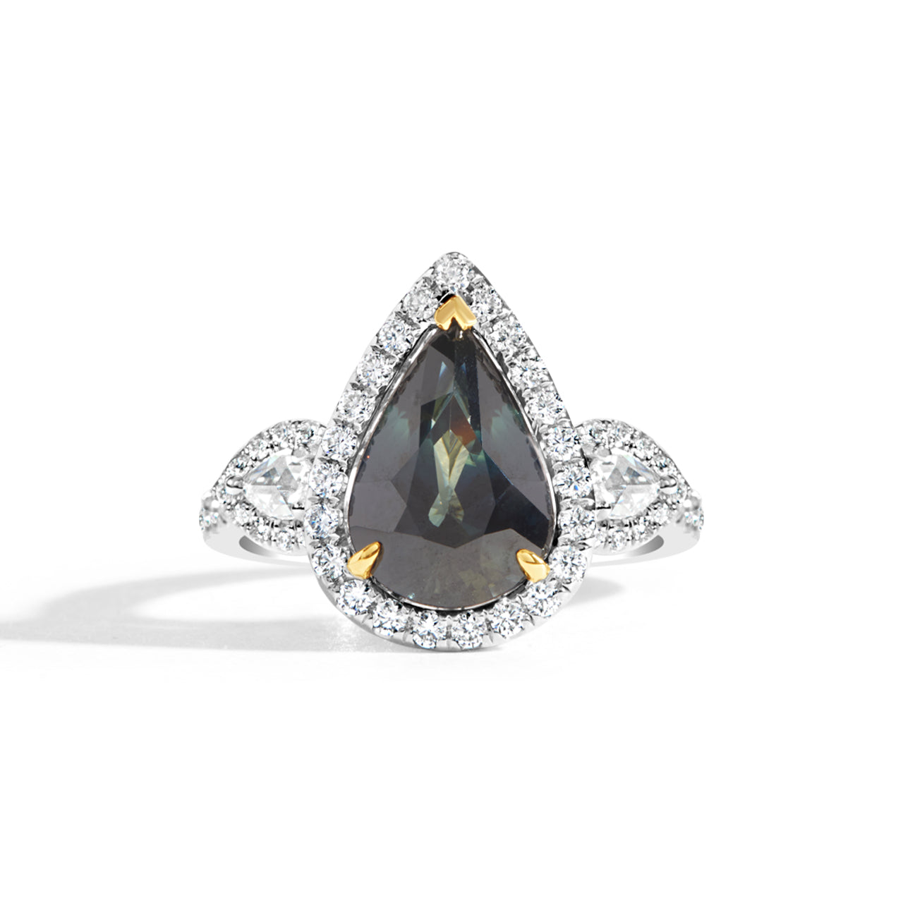 Pear Shape Green Sapphire & Diamond 3 Stone Ring