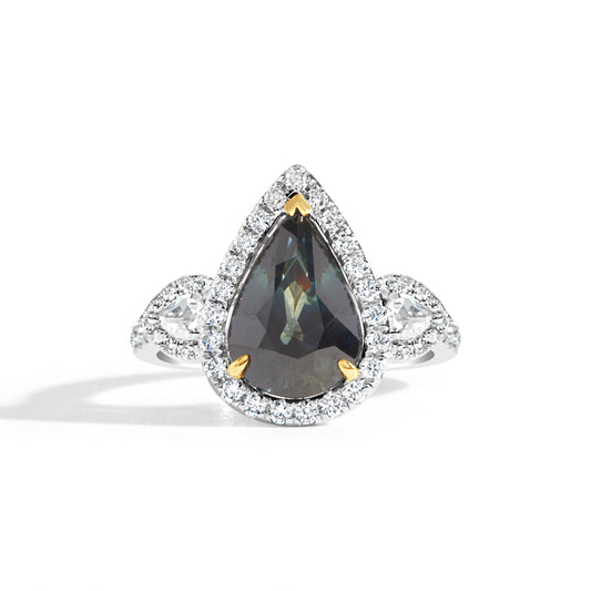 Pear Shape Green Sapphire & Diamond 3 Stone Ring