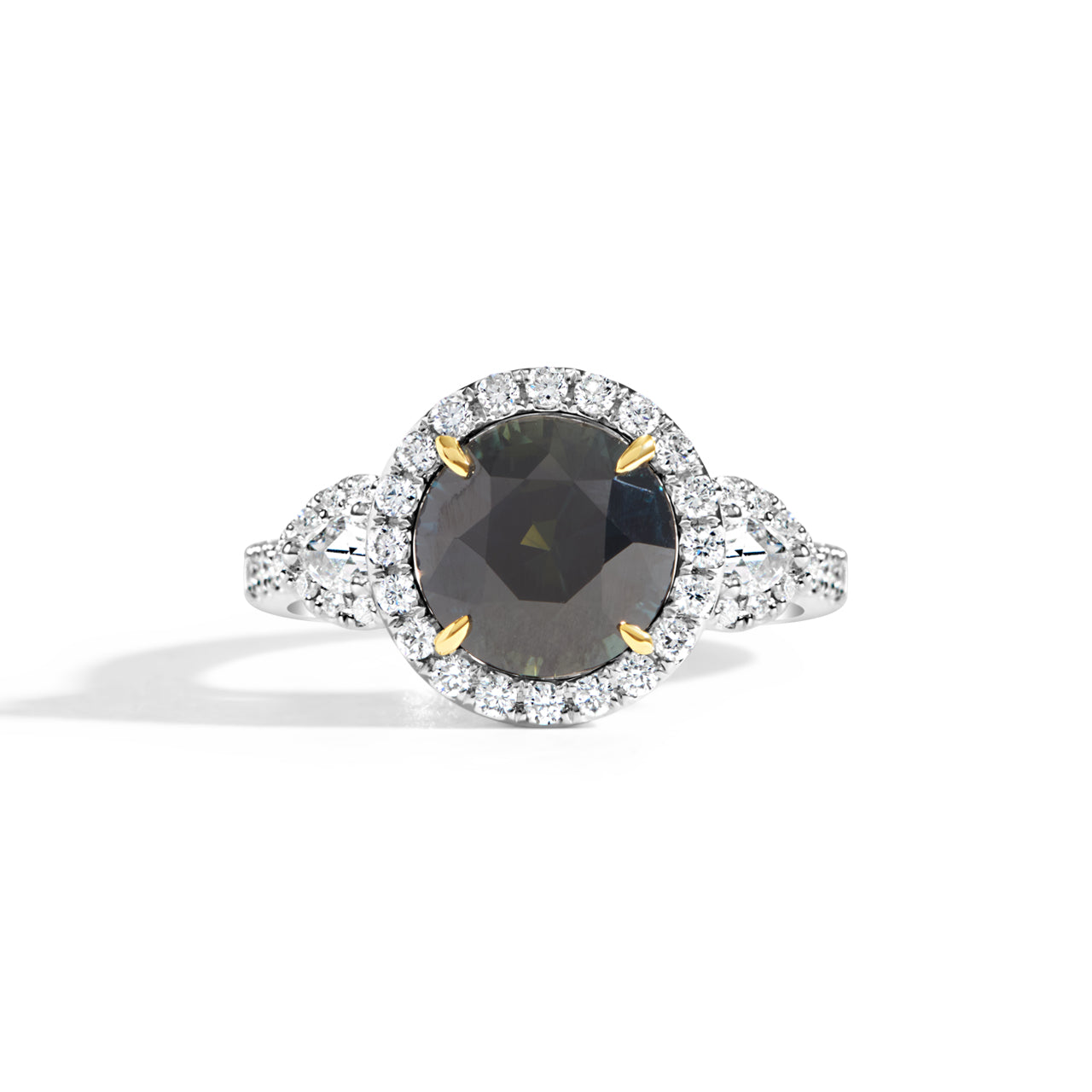 Round Green Sapphire & Diamond 3 Stone Ring