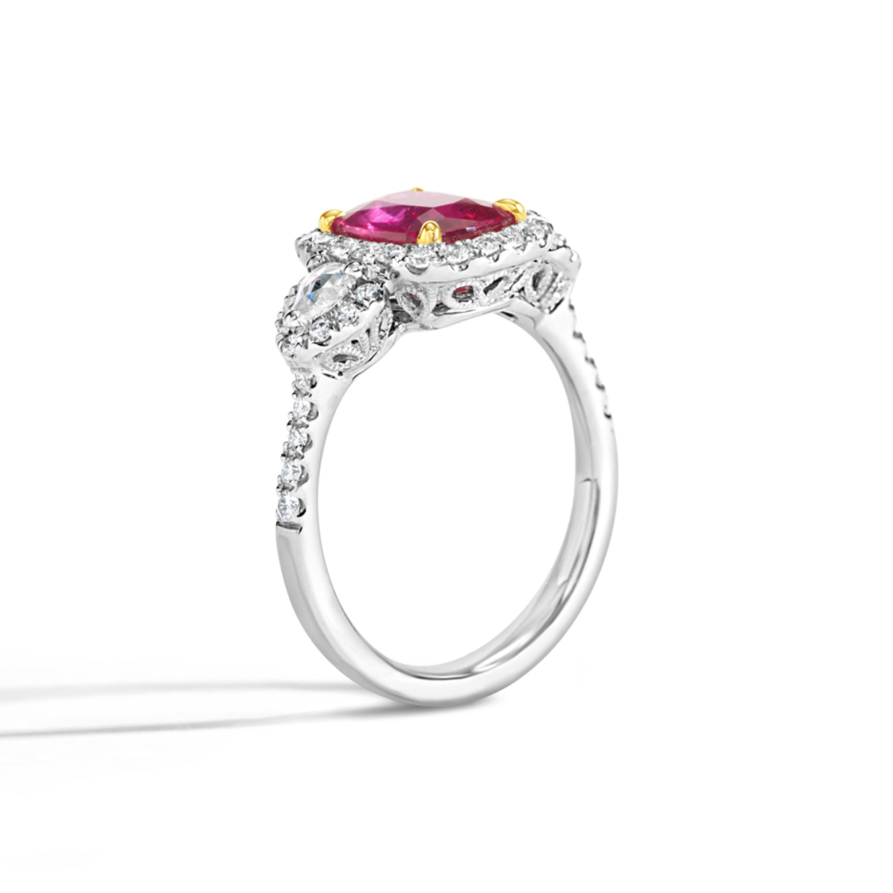Cushion Ruby & Diamond 3 Stone Ring