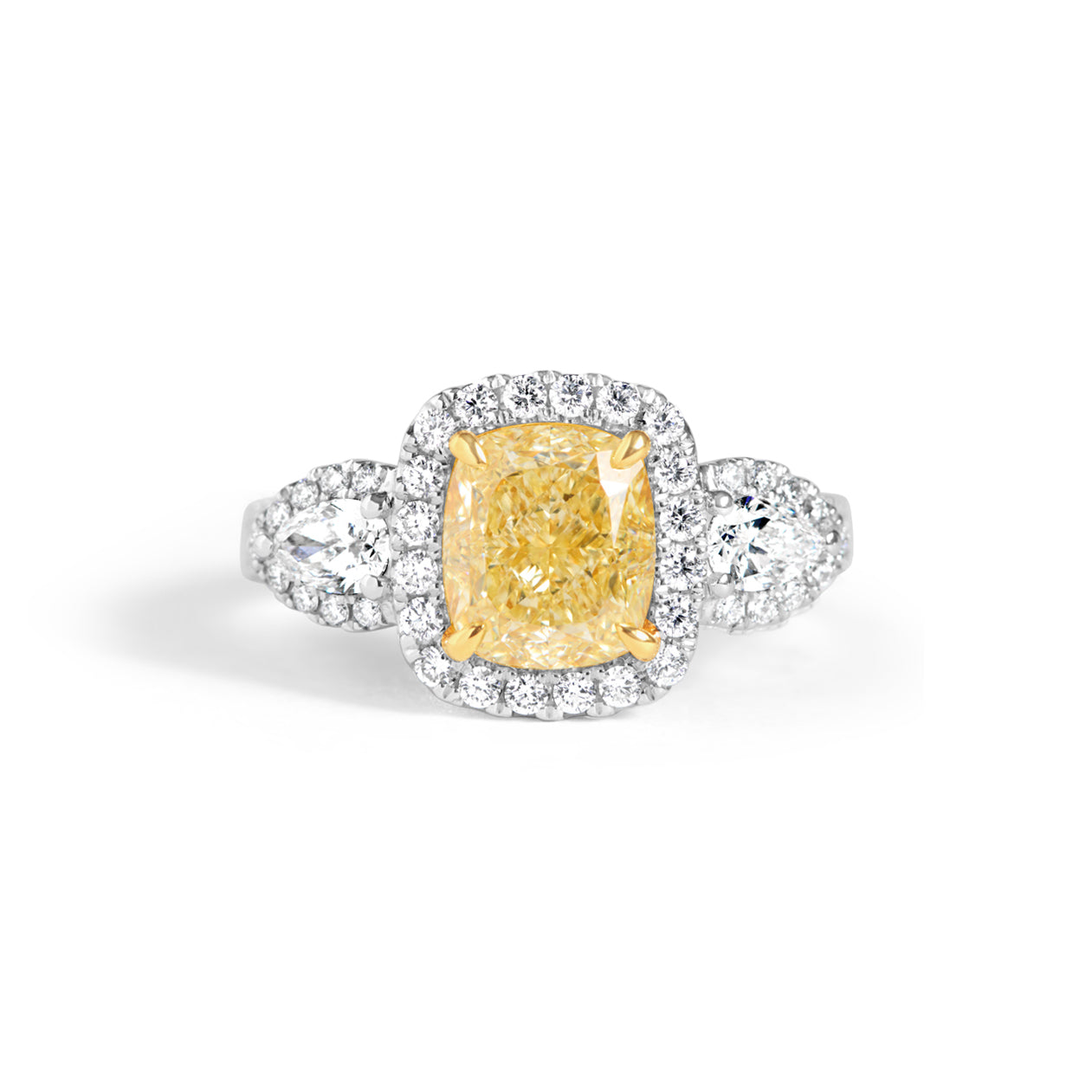 Cushion Yellow & White Diamond 3 Stone Ring