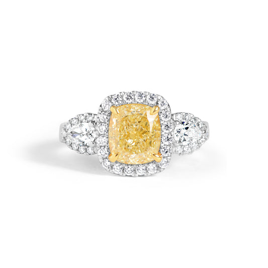Cushion Yellow & White Diamond 3 Stone Ring