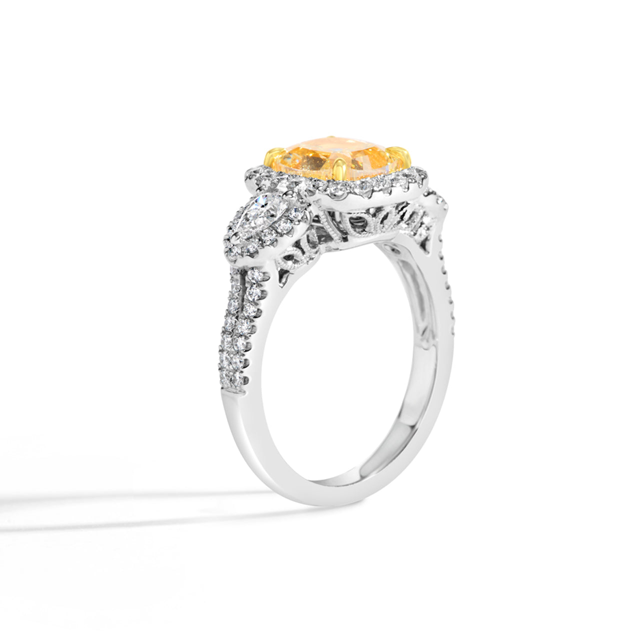 Cushion Yellow & White Diamond 3 Stone Ring