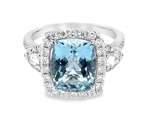AQUAMARINE CUSHION & DIAMOND HALO 3 STONE RING