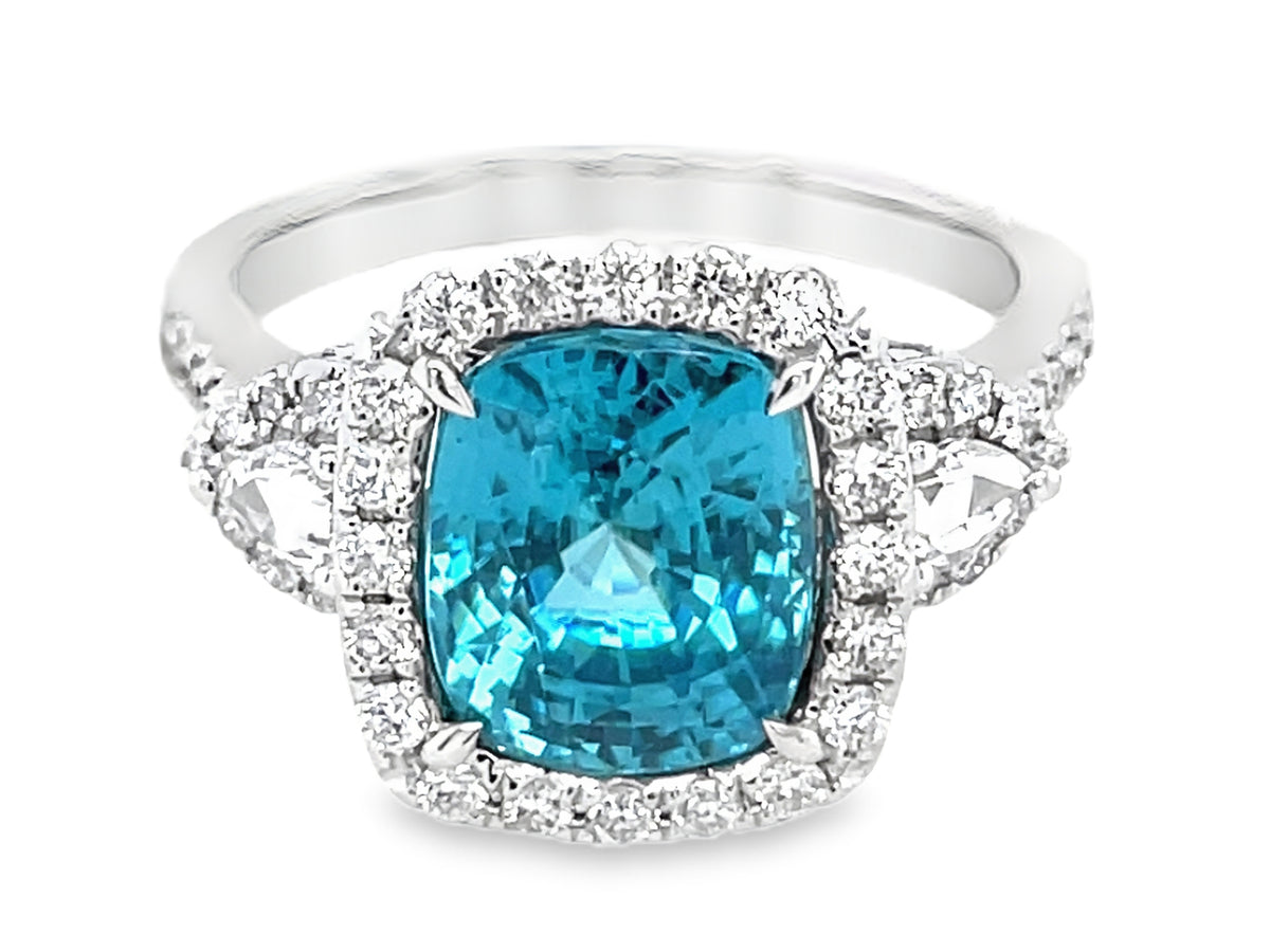 BLUE ZIRCON CUSHIOIN & DIAMOND HALO 3 STONE RING