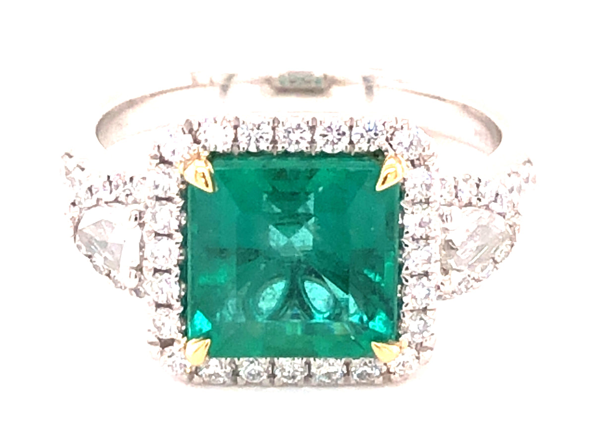 EMERALD CUT EMERALD & DIAMOND HALO RING, PLAT/18KY (O)