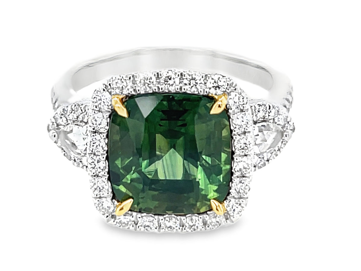 GREEN SAPPHIRE CUSHION & DIAMOND 3 STONE HALO RING