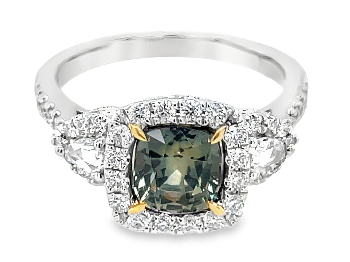 NATURAL NO HEAT GREEN SAPPHIRE CUSHION & DIAMOND HALO 3 STONE RING