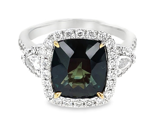GREEN SAPPHIRE CUSHION & DIAMOND 3 STONE HALO RING