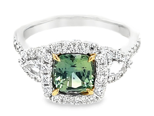 NATURAL NO HEAT GREEN SAPPHIRE CUSHION & DIAMOND HALO 3 STONE RING