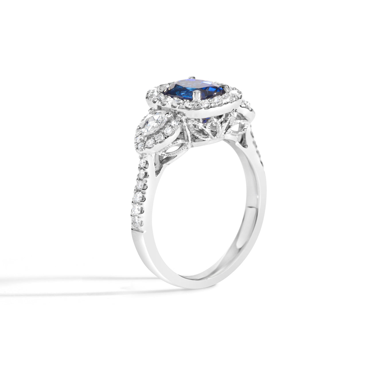 Cushion Sapphire & Diamond 3 Stone Ring