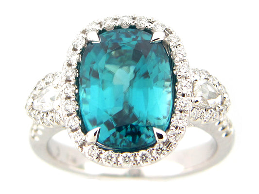 BLUE ZIRCON & DIAMOND RING, 18KW (H)