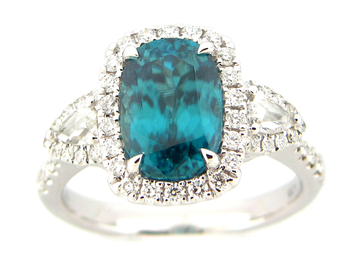 BLUE ZIRCON & DIAMOND RING, 18KW (H)